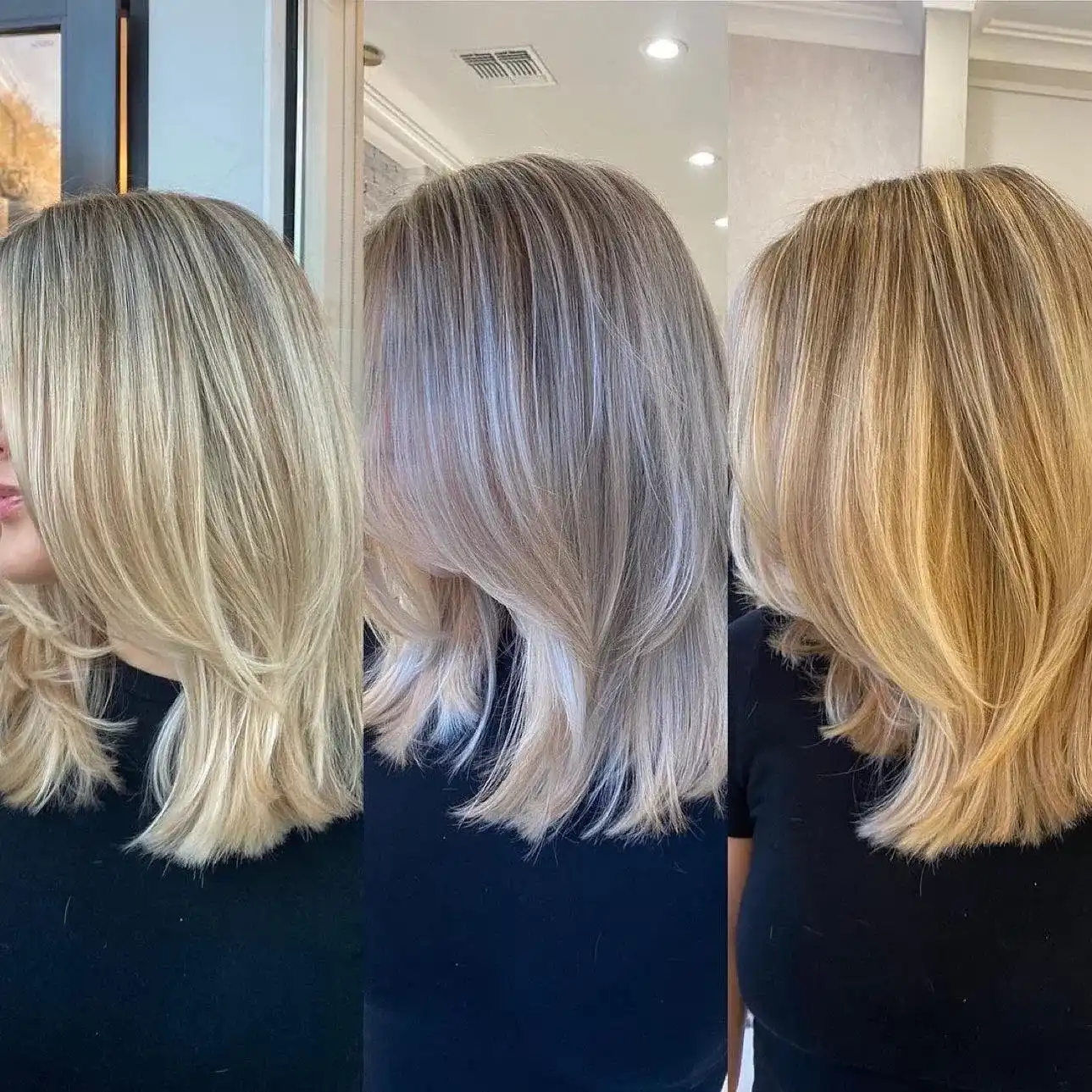 Three views of shoulder-length hair: straight with blonde highlights, ash blonde, and golden hues.